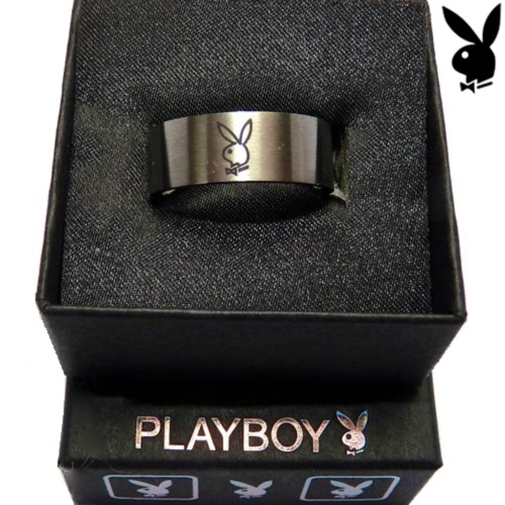 Mens Playboy Ring Bunny Logo Stainless Steel Wide Band Size 9.5 Men's Authentic - Picture 10 of 12